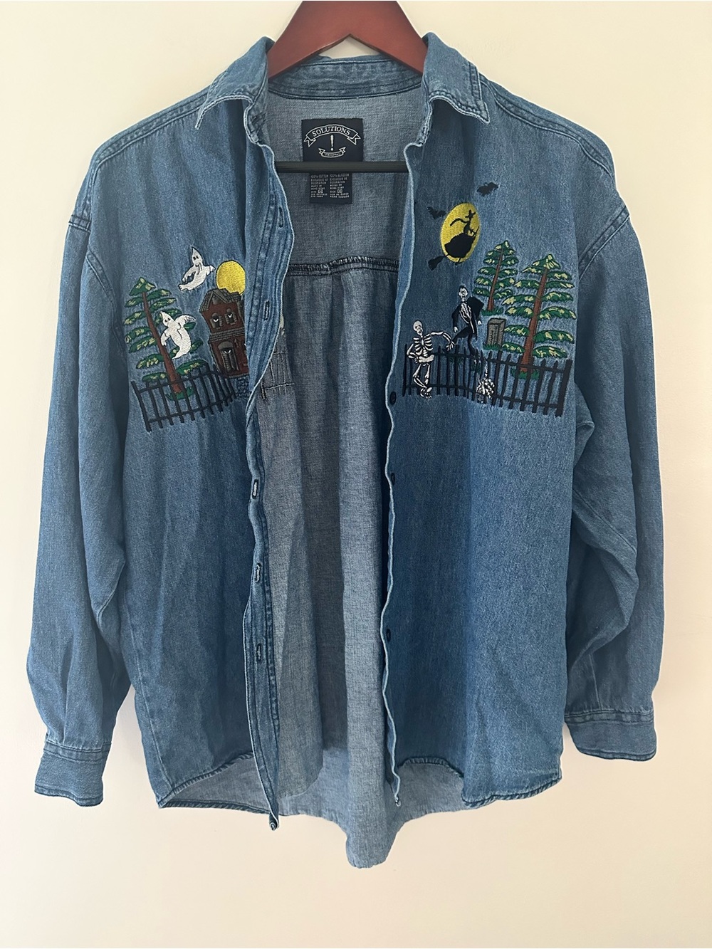 Denim Halloween Embroidered Button-Down 100% Cotton Vintage Shirt - Picture 2 of 15